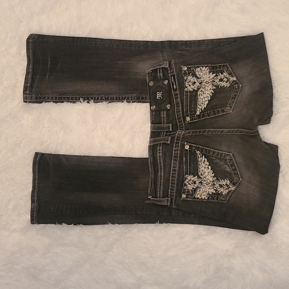 Miss Me Black Jeans Angel Cross design Flare Boot Distressed sz 27